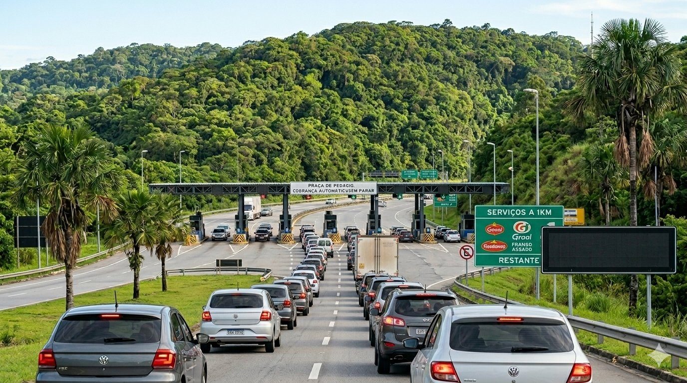 Praça de pedágio em rodovia federal cortada por mata atlântica densa, com fila de veículos aguardando passagem nas cabines mistas.